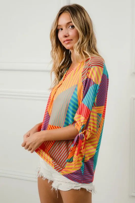 BiBi Multi Stripe Block Printed Jersey Blouse with Tied Sleeves - Bitsy Gypsy Boutique