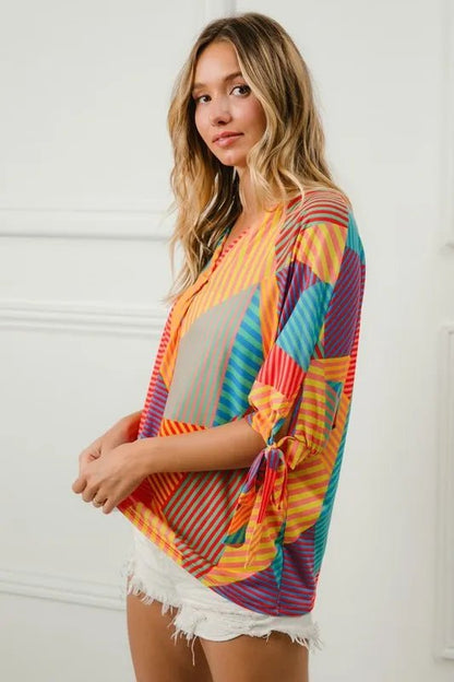 BiBi Multi Stripe Block Printed Jersey Blouse with Tied Sleeves - Bitsy Gypsy Boutique