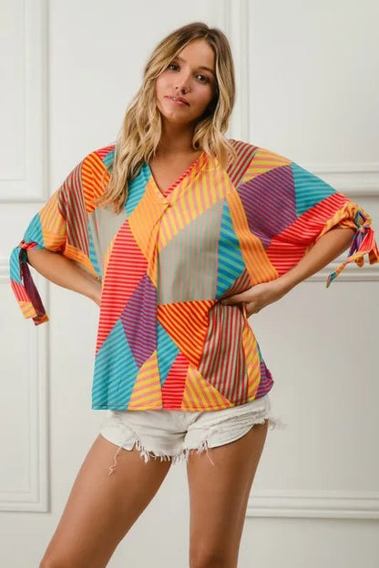 BiBi Multi Stripe Block Printed Jersey Blouse with Tied Sleeves - Bitsy Gypsy Boutique