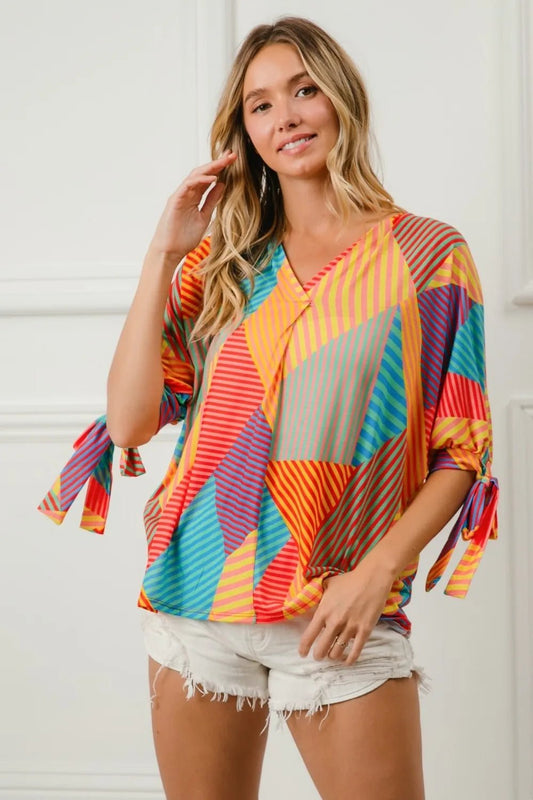 BiBi Multi Stripe Block Printed Jersey Blouse with Tied Sleeves - Bitsy Gypsy Boutique