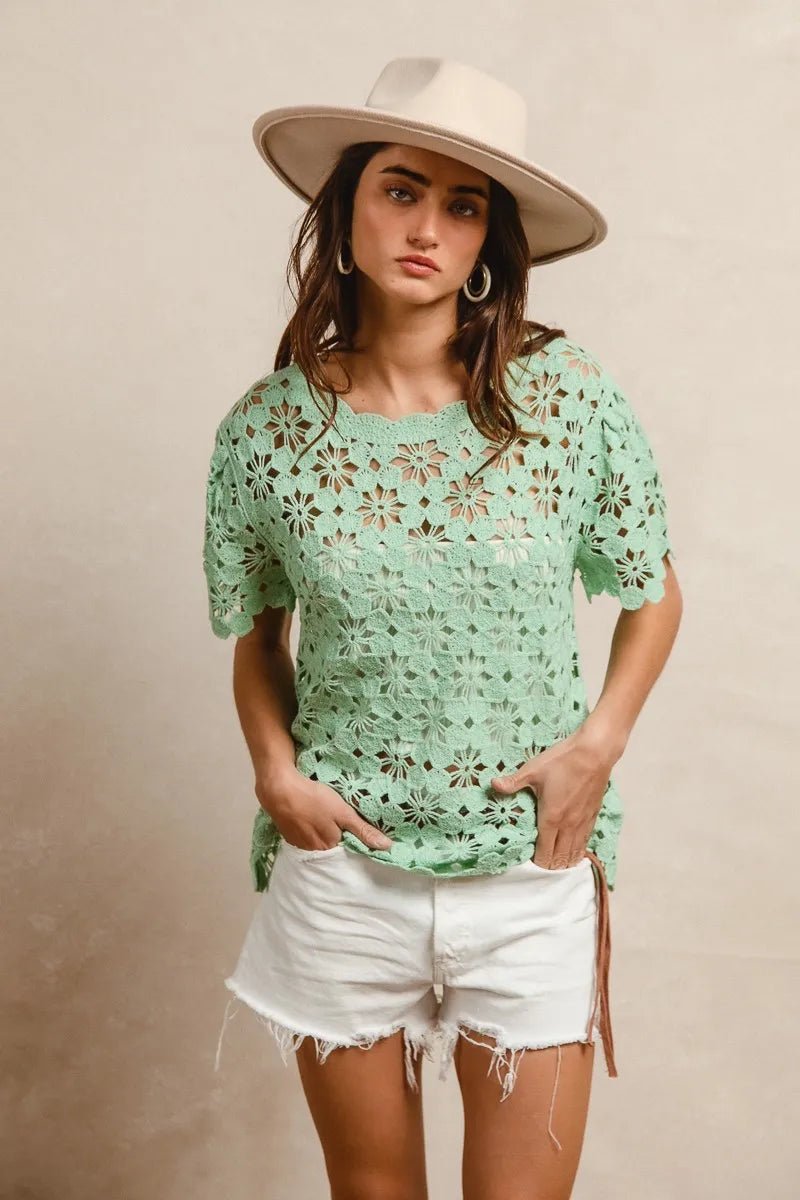 BiBi Openwork Crochet Short Sleeve Knit Top - Bitsy Gypsy Boutique
