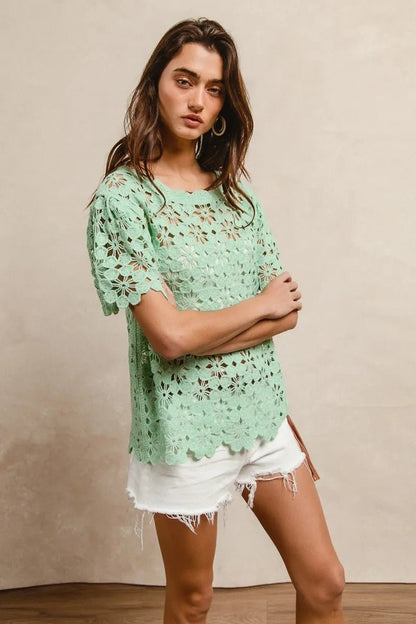 BiBi Openwork Crochet Short Sleeve Knit Top - Bitsy Gypsy Boutique