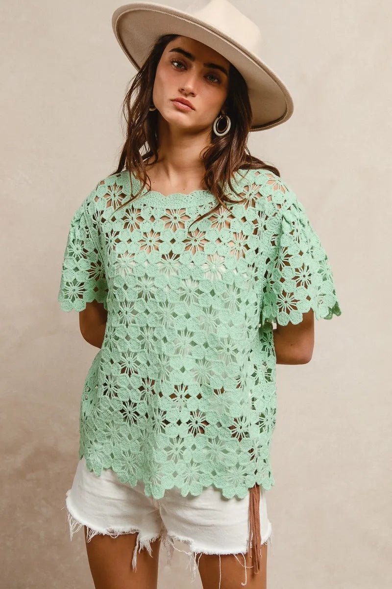 BiBi Openwork Crochet Short Sleeve Knit Top - Bitsy Gypsy Boutique
