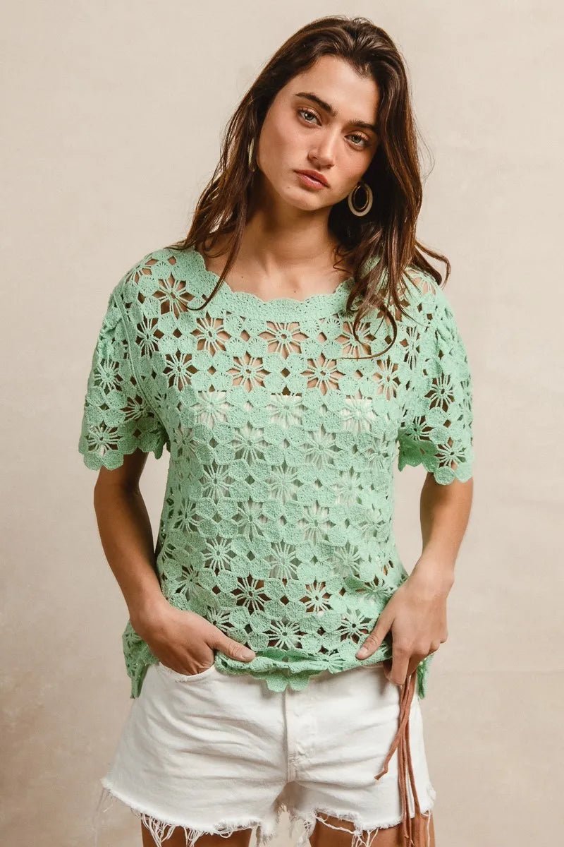 BiBi Openwork Crochet Short Sleeve Knit Top - Bitsy Gypsy Boutique