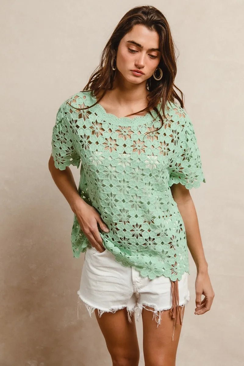 BiBi Openwork Crochet Short Sleeve Knit Top - Bitsy Gypsy Boutique