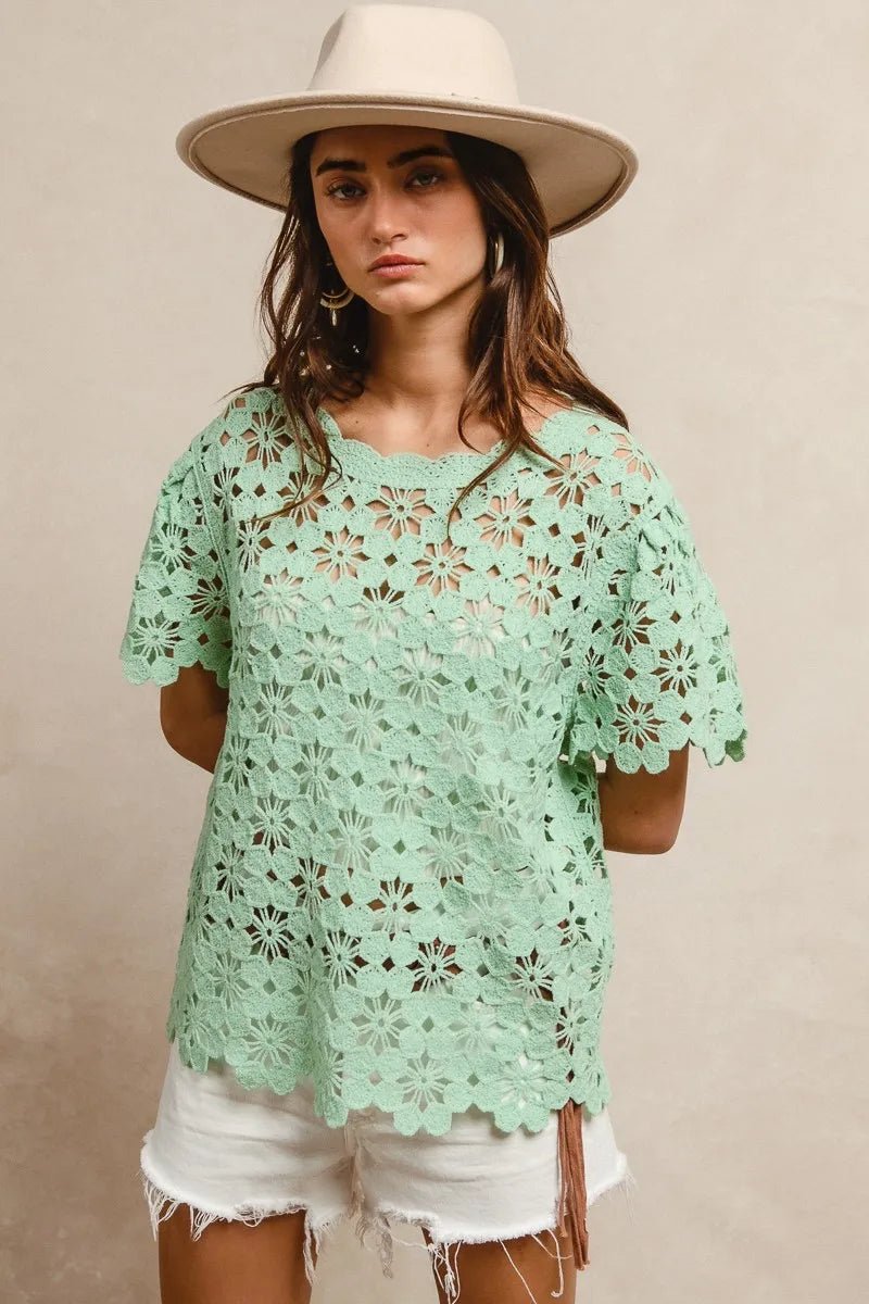 BiBi Openwork Crochet Short Sleeve Knit Top - Bitsy Gypsy Boutique