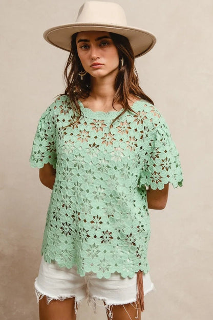 BiBi Openwork Crochet Short Sleeve Knit Top - Bitsy Gypsy Boutique