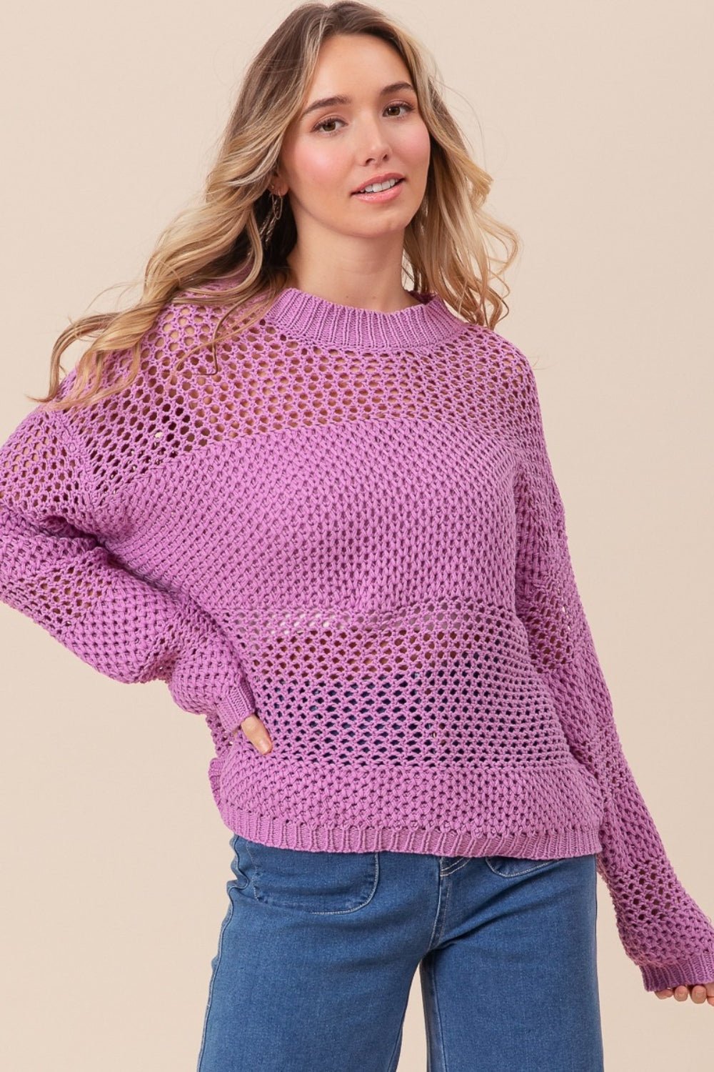 BiBi Openwork Long Sleeve Knit Top - Bitsy Gypsy Boutique