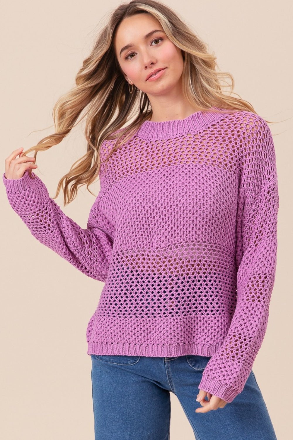 BiBi Openwork Long Sleeve Knit Top - Bitsy Gypsy Boutique