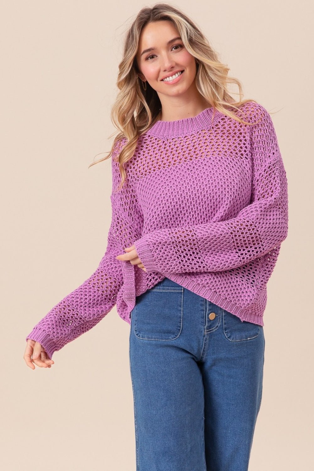 BiBi Openwork Long Sleeve Knit Top - Bitsy Gypsy Boutique