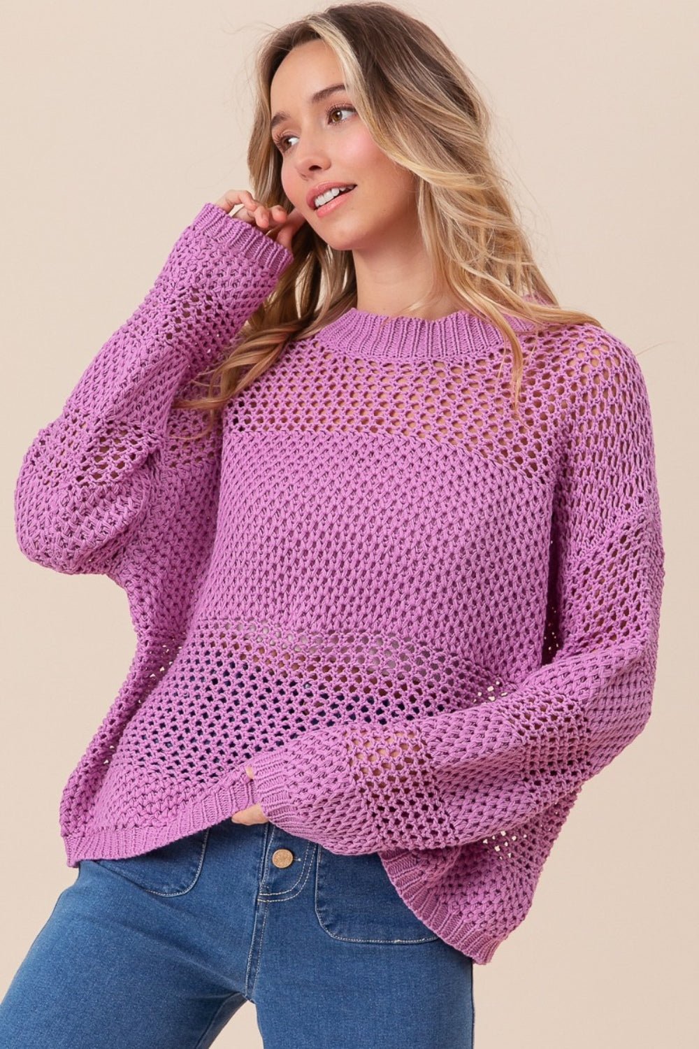 BiBi Openwork Long Sleeve Knit Top - Bitsy Gypsy Boutique