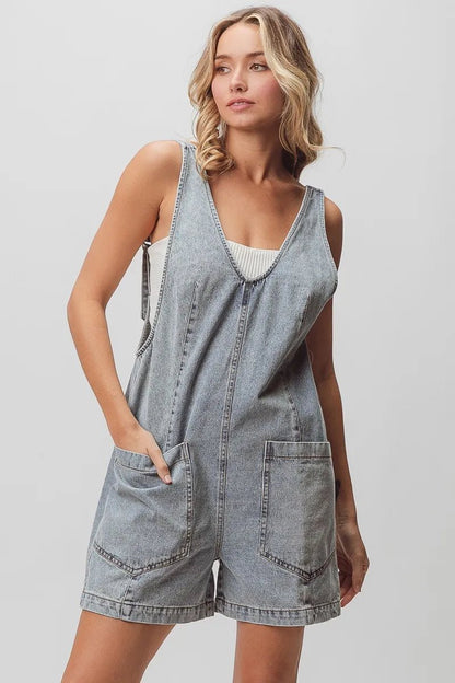 BiBi Patch Vintage Washed Denim Shortall - Bitsy Gypsy Boutique