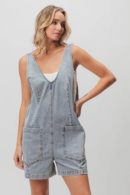 BiBi Patch Vintage Washed Denim Shortall - Bitsy Gypsy Boutique