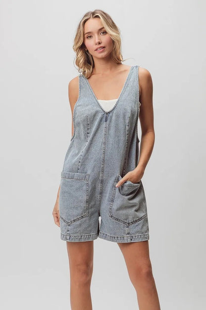 BiBi Patch Vintage Washed Denim Shortall - Bitsy Gypsy Boutique
