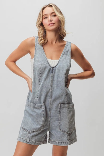 BiBi Patch Vintage Washed Denim Shortall - Bitsy Gypsy Boutique