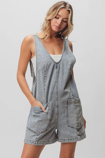 BiBi Patch Vintage Washed Denim Shortall - Bitsy Gypsy Boutique