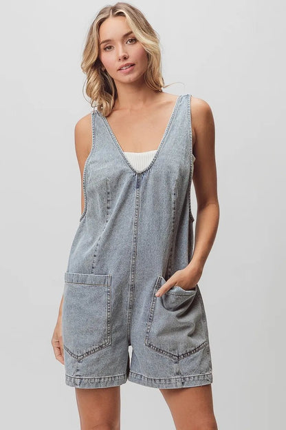 BiBi Patch Vintage Washed Denim Shortall - Bitsy Gypsy Boutique