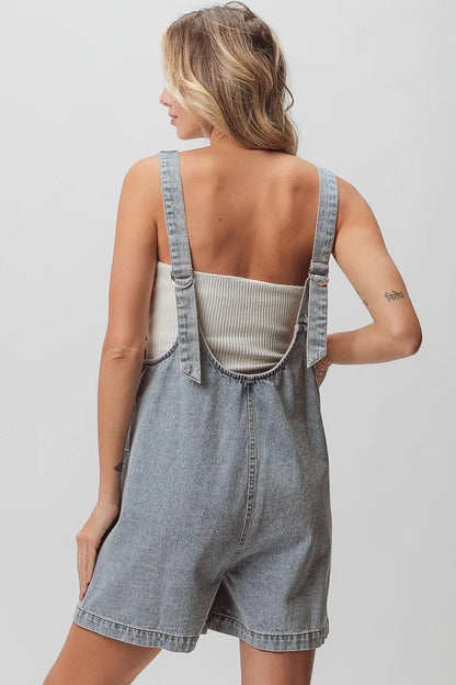 BiBi Patch Vintage Washed Denim Shortall - Bitsy Gypsy Boutique
