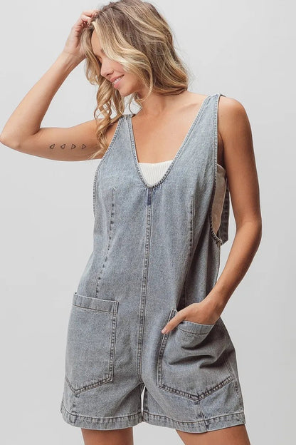 BiBi Patch Vintage Washed Denim Shortall - Bitsy Gypsy Boutique