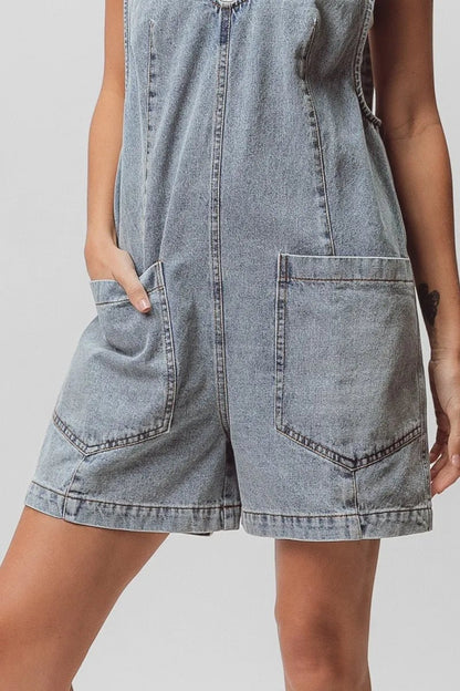 BiBi Patch Vintage Washed Denim Shortall - Bitsy Gypsy Boutique