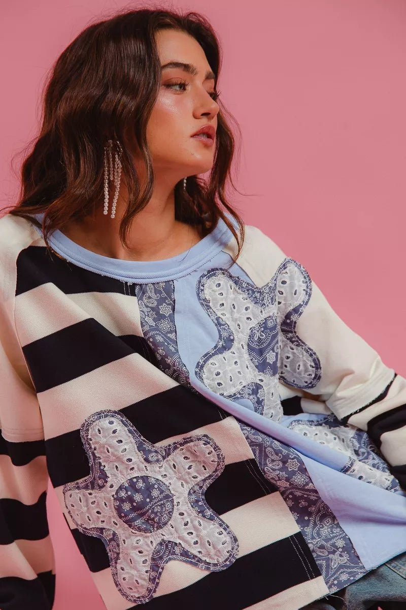 BiBi Patchwork Striped Round Neck Sweatshirt - Bitsy Gypsy Boutique