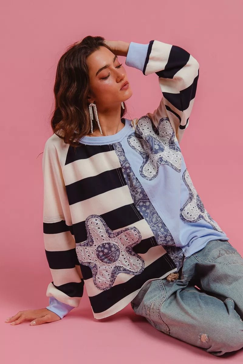BiBi Patchwork Striped Round Neck Sweatshirt - Bitsy Gypsy Boutique