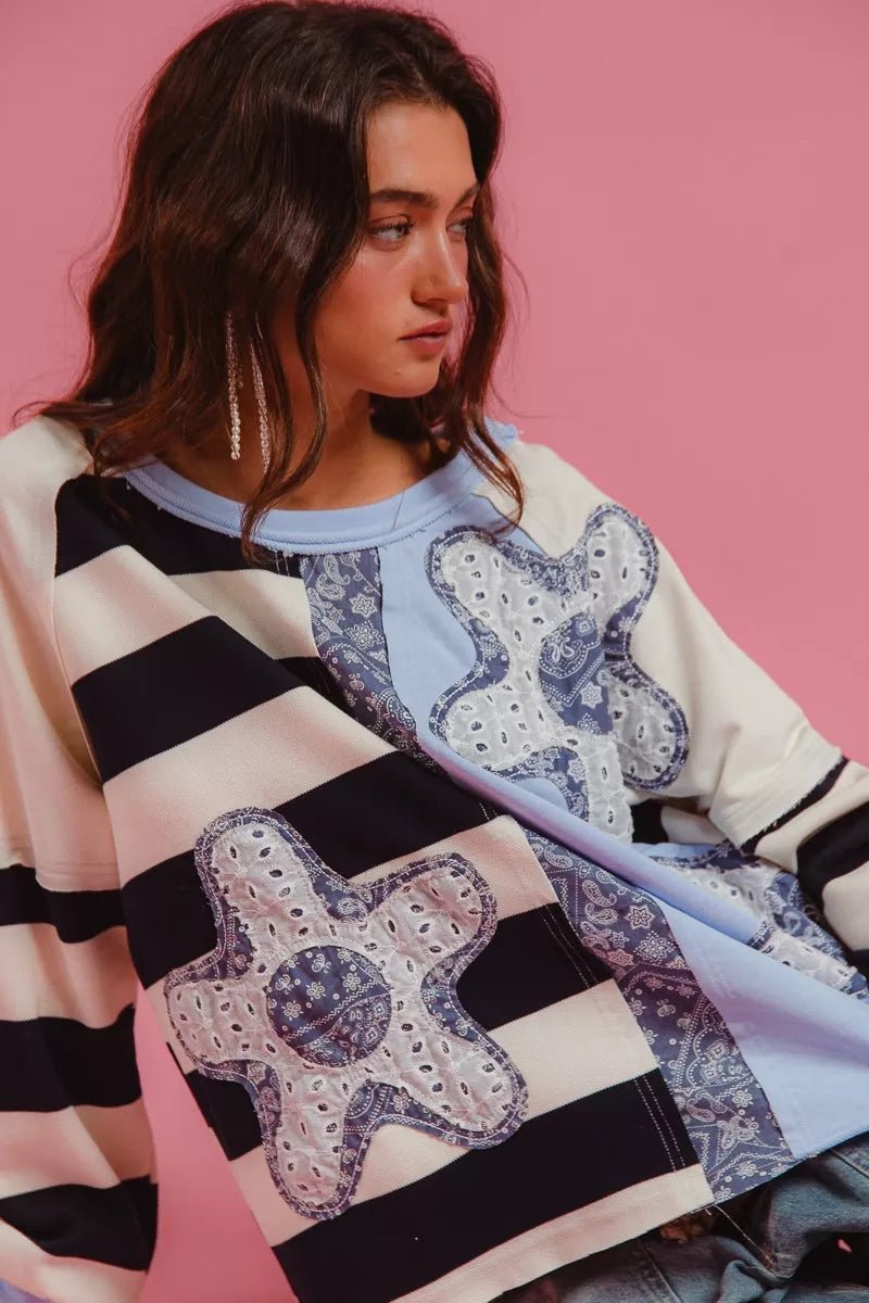 BiBi Patchwork Striped Round Neck Sweatshirt - Bitsy Gypsy Boutique