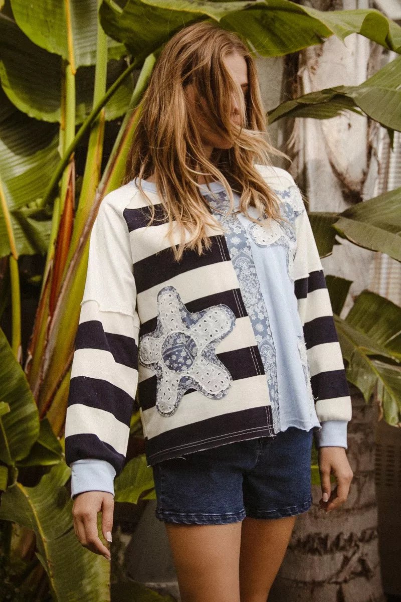 BiBi Patchwork Striped Round Neck Sweatshirt - Bitsy Gypsy Boutique