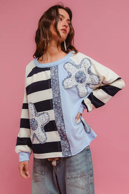 BiBi Patchwork Striped Round Neck Sweatshirt - Bitsy Gypsy Boutique