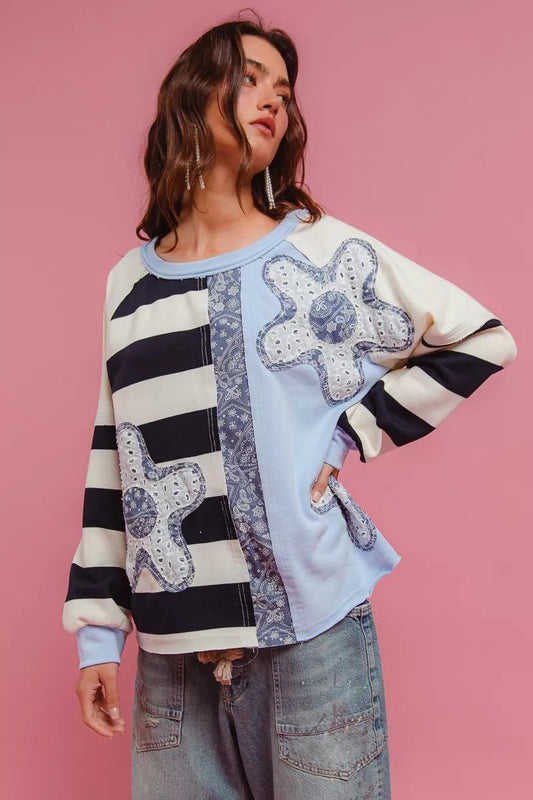 BiBi Patchwork Striped Round Neck Sweatshirt - Bitsy Gypsy Boutique