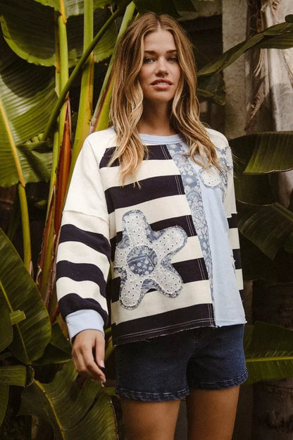 BiBi Patchwork Striped Round Neck Sweatshirt - Bitsy Gypsy Boutique