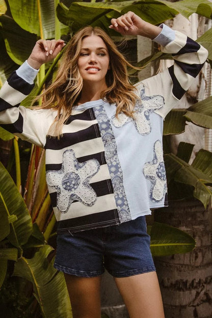 BiBi Patchwork Striped Round Neck Sweatshirt - Bitsy Gypsy Boutique