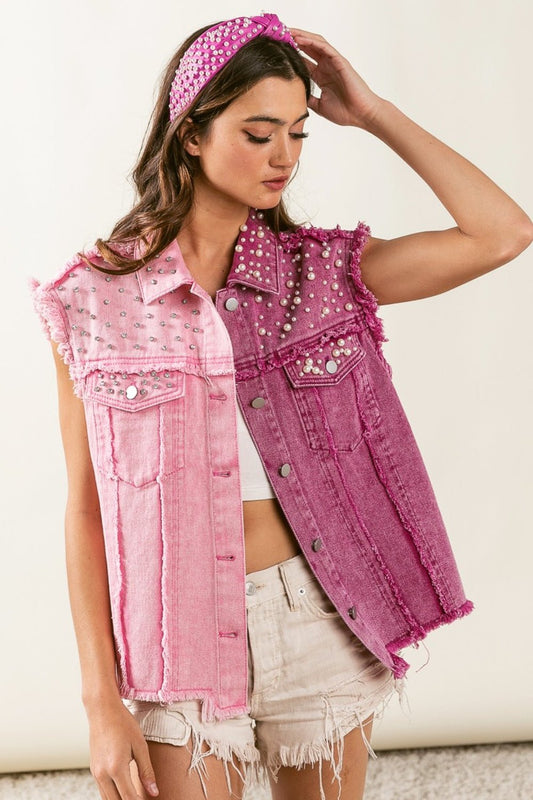 BiBi Pearl & Rhinestone Decor Contrast Raw Hem Vest Coat - Bitsy Gypsy Boutique