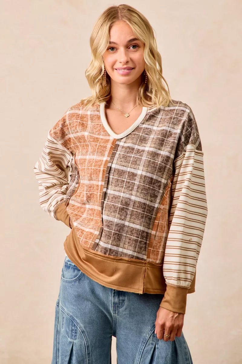 BiBi Plaid And Stripe Mix And Match Top With Open Seam - Bitsy Gypsy Boutique