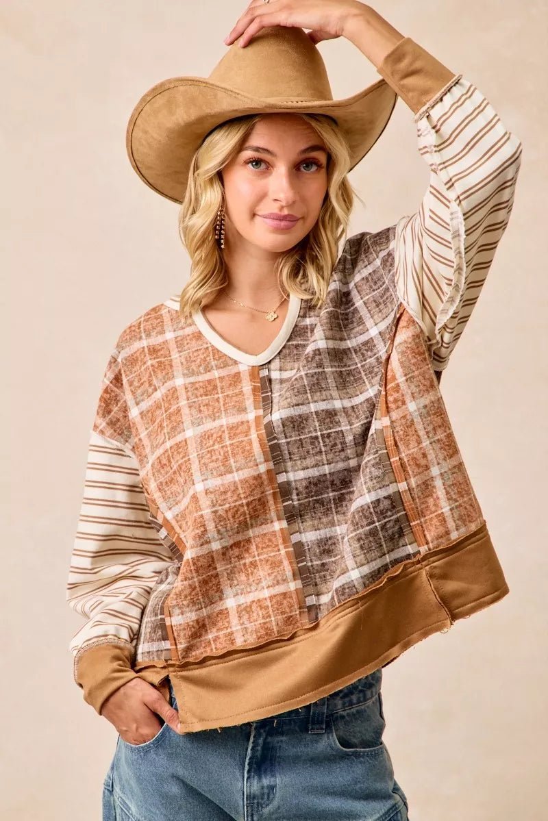 BiBi Plaid And Stripe Mix And Match Top With Open Seam - Bitsy Gypsy Boutique