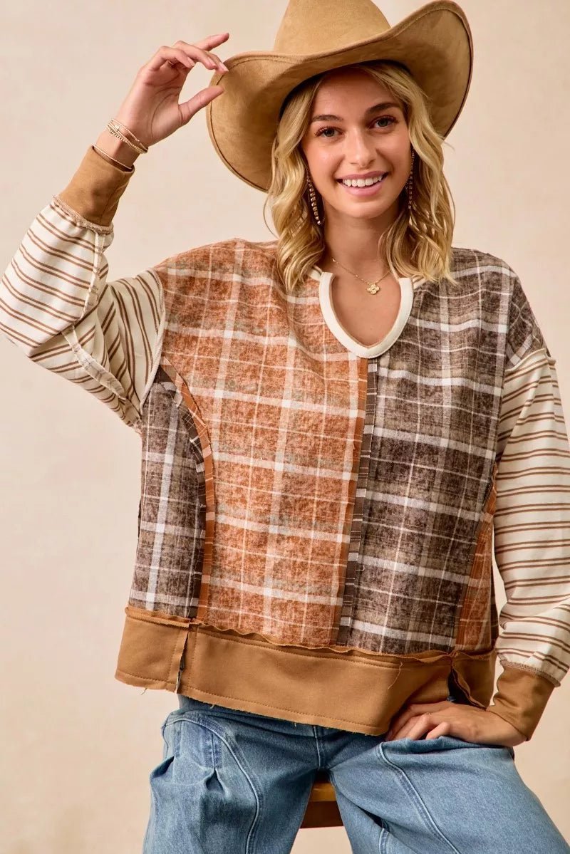 BiBi Plaid And Stripe Mix And Match Top With Open Seam - Bitsy Gypsy Boutique