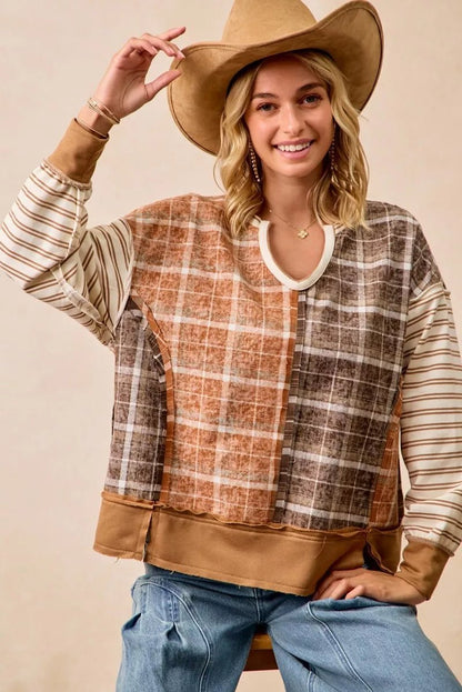 BiBi Plaid And Stripe Mix And Match Top With Open Seam - Bitsy Gypsy Boutique