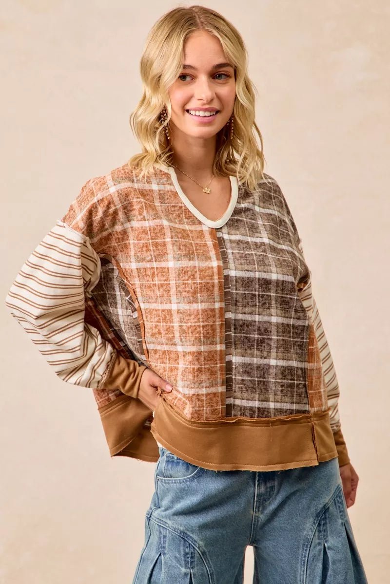 BiBi Plaid And Stripe Mix And Match Top With Open Seam - Bitsy Gypsy Boutique