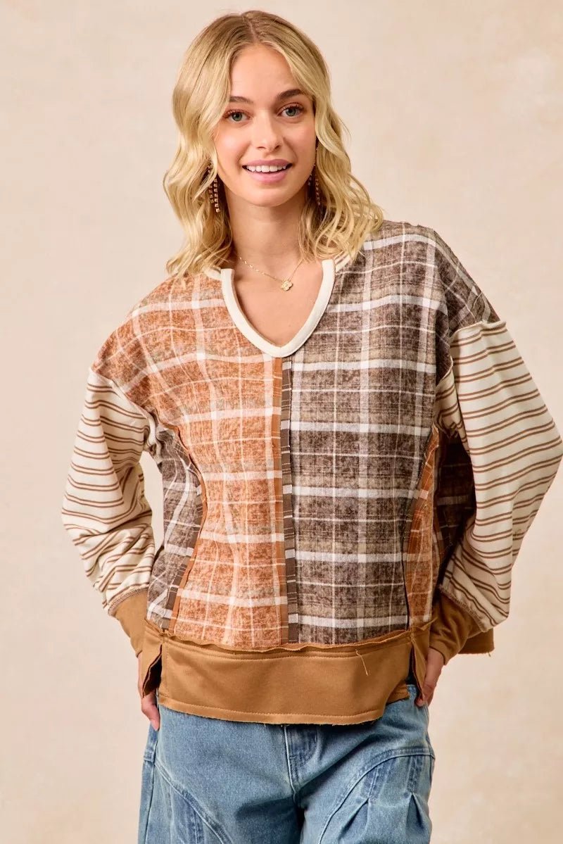 BiBi Plaid And Stripe Mix And Match Top With Open Seam - Bitsy Gypsy Boutique
