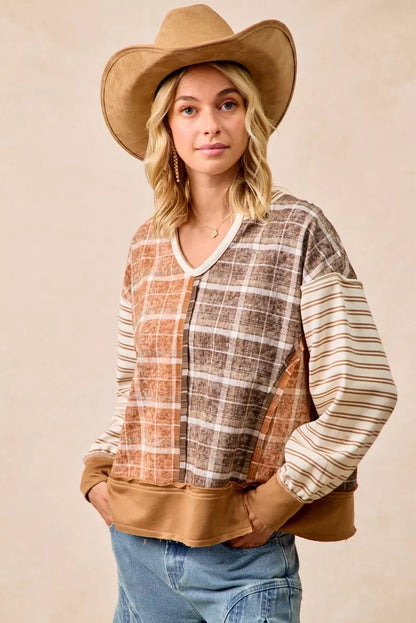 BiBi Plaid And Stripe Mix And Match Top With Open Seam - Bitsy Gypsy Boutique