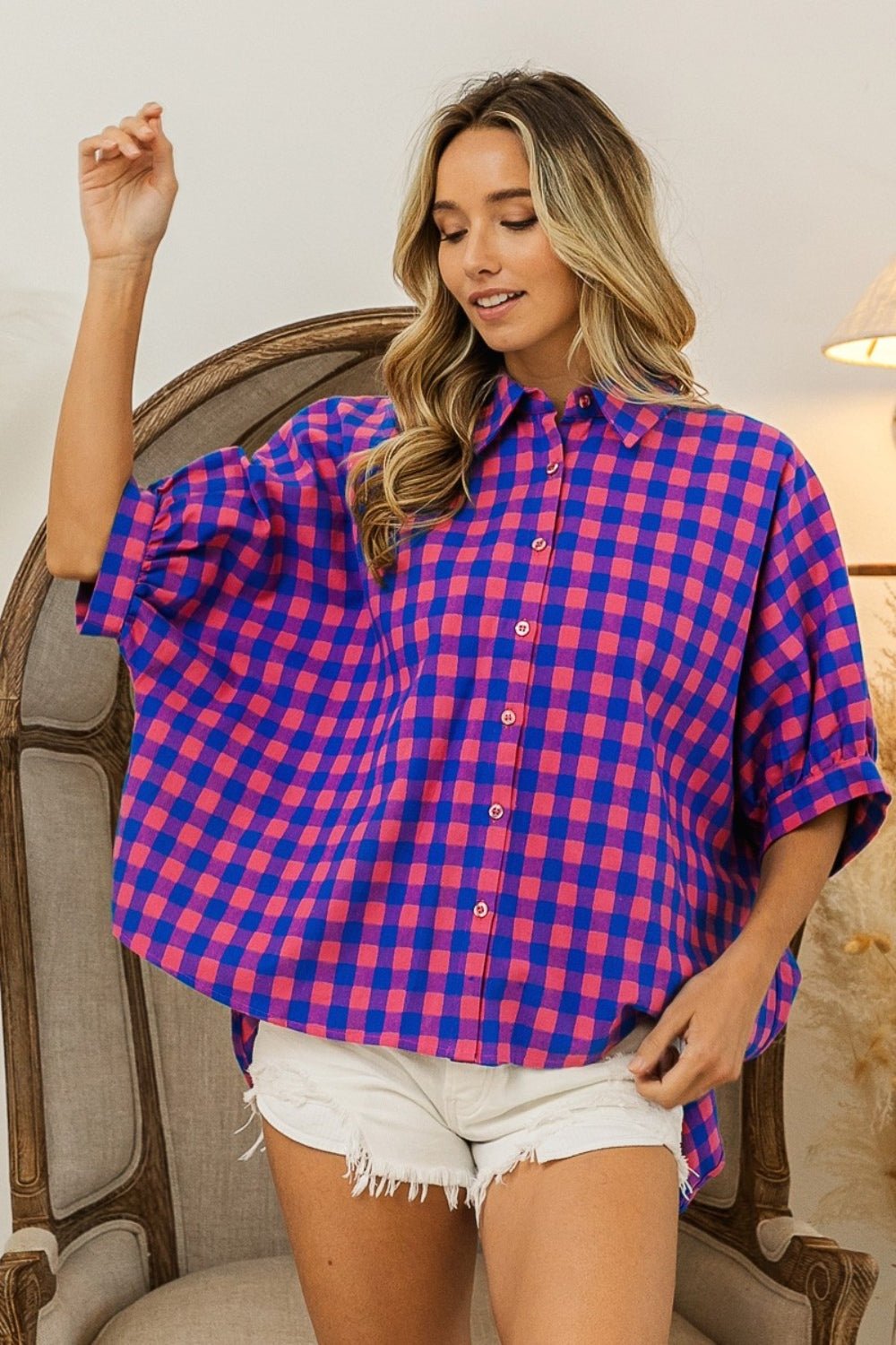 BiBi Plaid Button Up Dolman Sleeve Shirt - Bitsy Gypsy Boutique