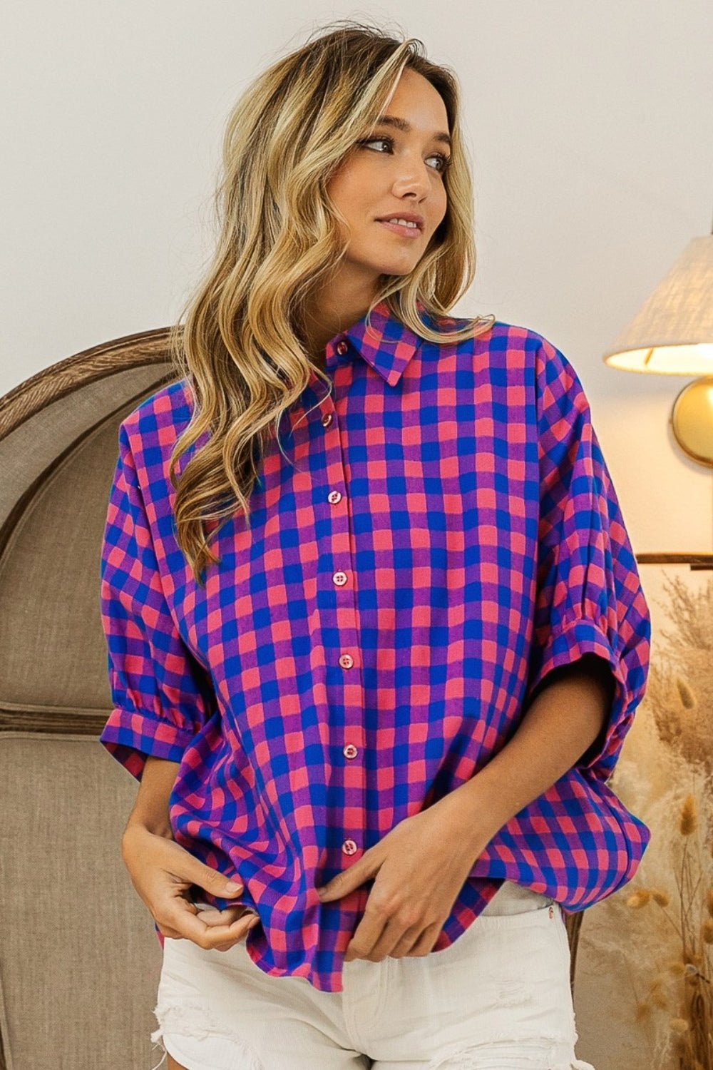 BiBi Plaid Button Up Dolman Sleeve Shirt - Bitsy Gypsy Boutique