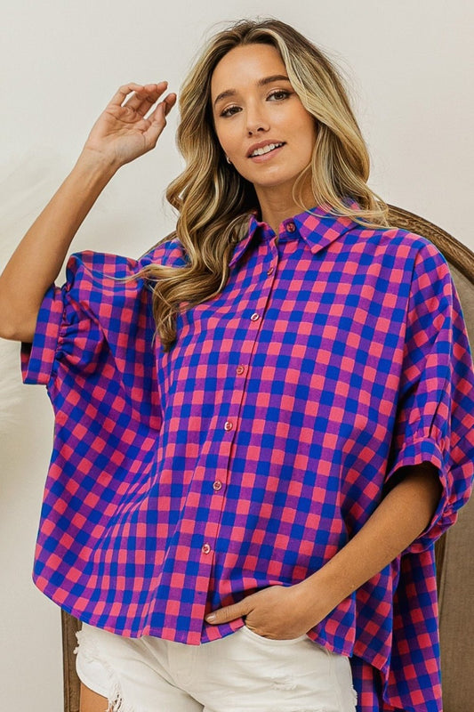 BiBi Plaid Button Up Dolman Sleeve Shirt - Bitsy Gypsy Boutique