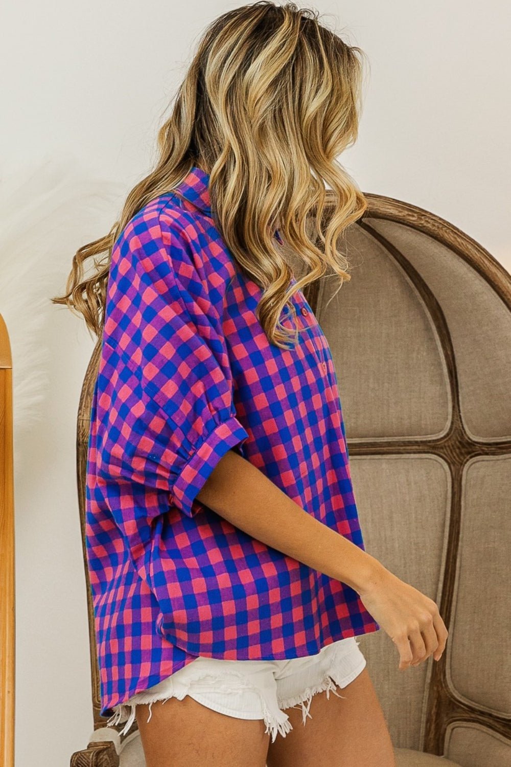 BiBi Plaid Button Up Dolman Sleeve Shirt - Bitsy Gypsy Boutique