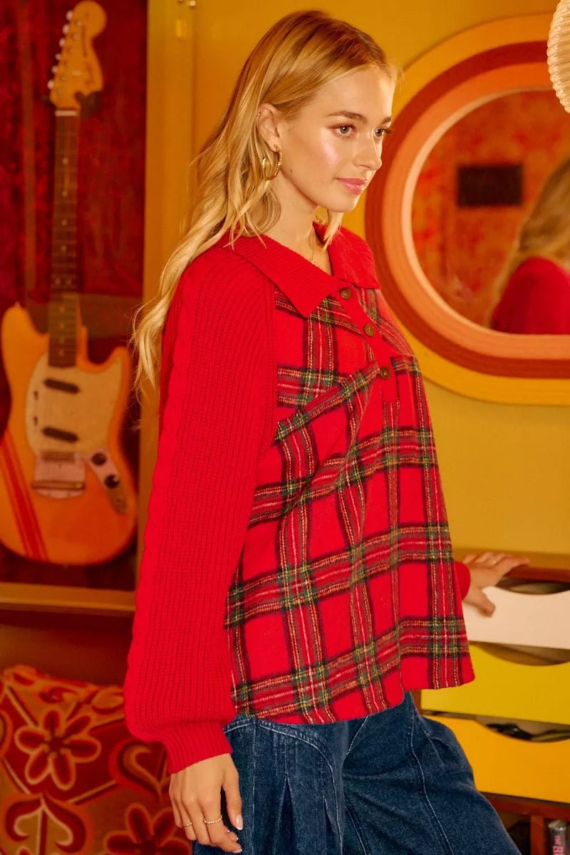 BiBi Plaid Buttoned Collared Top with Sweater Sleeve - Bitsy Gypsy Boutique