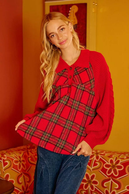 BiBi Plaid Buttoned Collared Top with Sweater Sleeve - Bitsy Gypsy Boutique