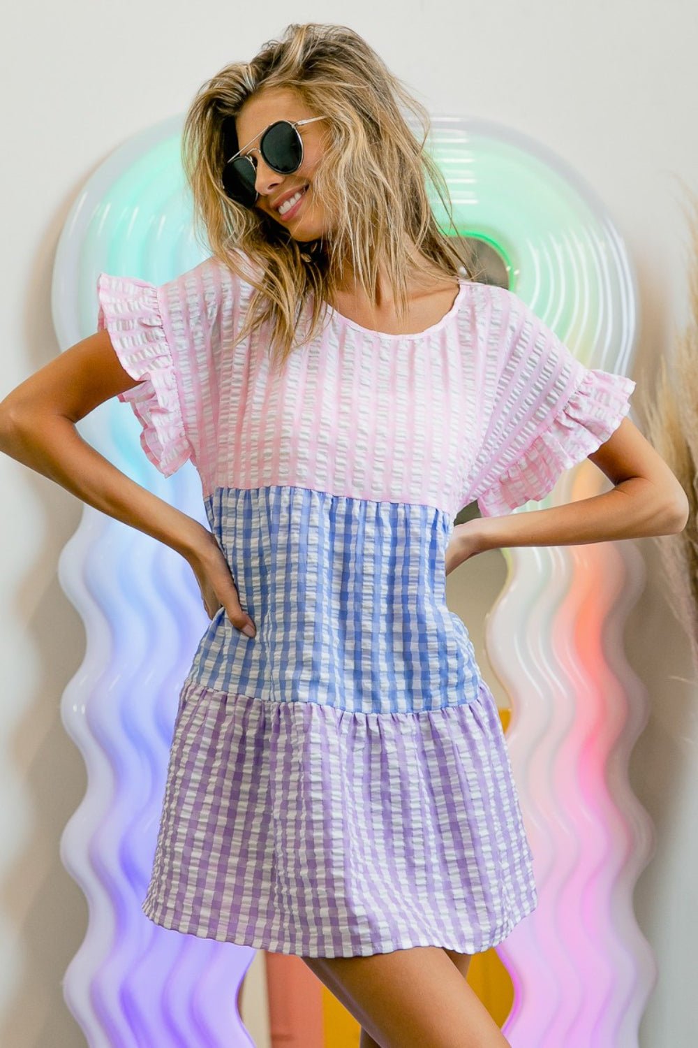 BiBi Plaid Color Block Tiered Top - Bitsy Gypsy Boutique