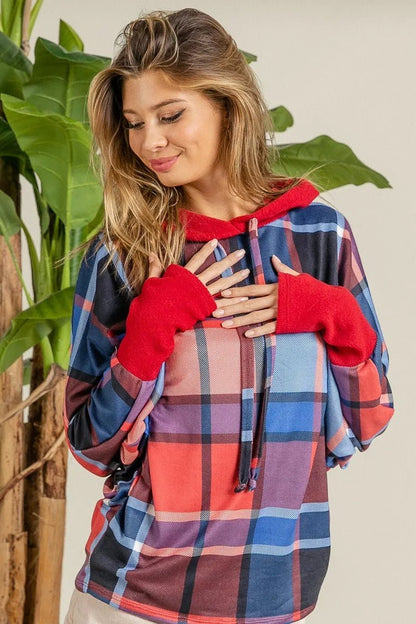 BiBi Plaid Mirr Brushed Rib Contrast Thumb Open Hoodie - Bitsy Gypsy Boutique