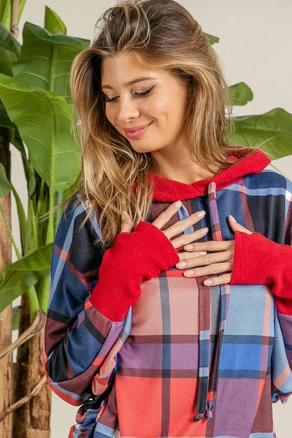 BiBi Plaid Mirr Brushed Rib Contrast Thumb Open Hoodie - Bitsy Gypsy Boutique