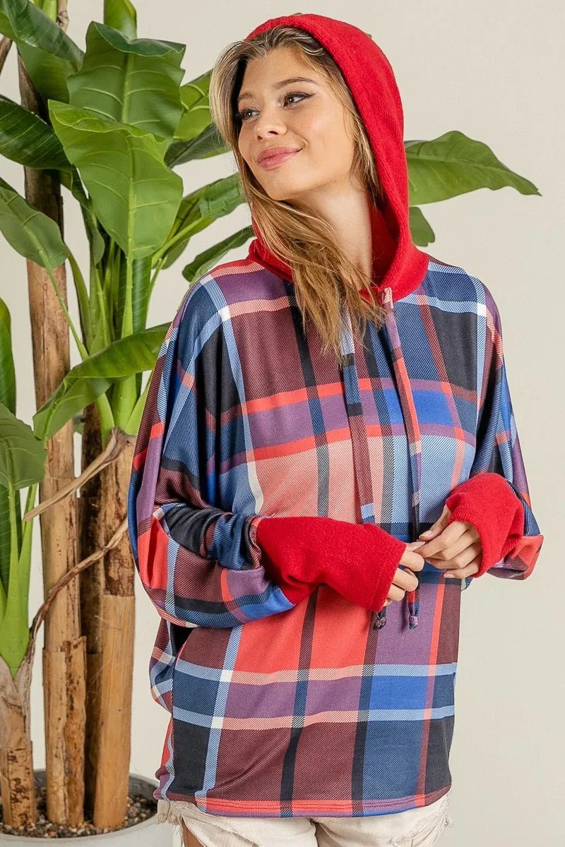 BiBi Plaid Mirr Brushed Rib Contrast Thumb Open Hoodie - Bitsy Gypsy Boutique